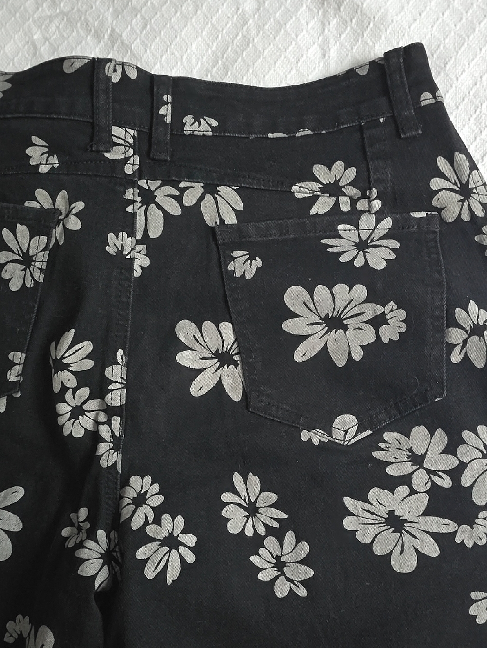 Floral Wide-Leg Denim Pants - Black with Light Blue Print - Picture 8 of 13